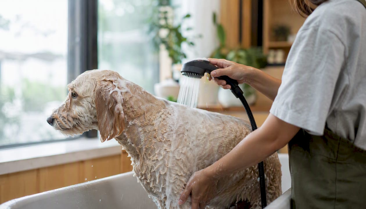 Dog rinsing shampoo in grooming tub