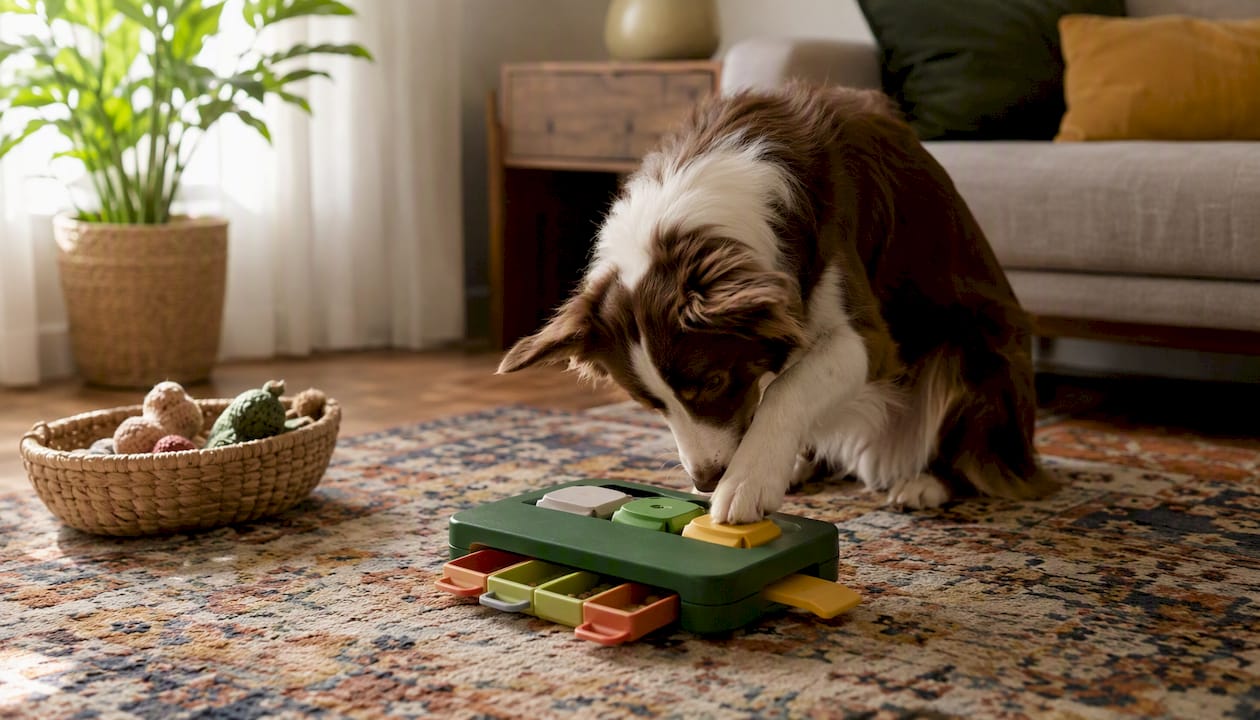 Dog interacting with food puzzle feeder