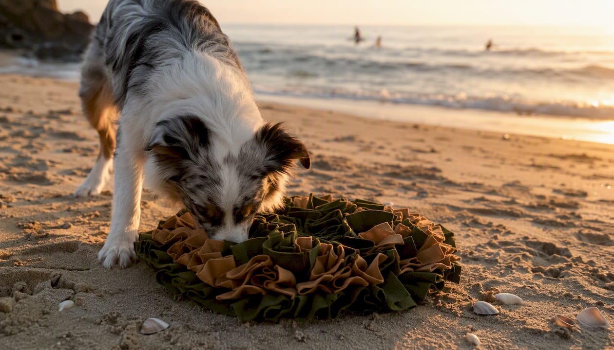Dog nose on snuffle mat in yard
