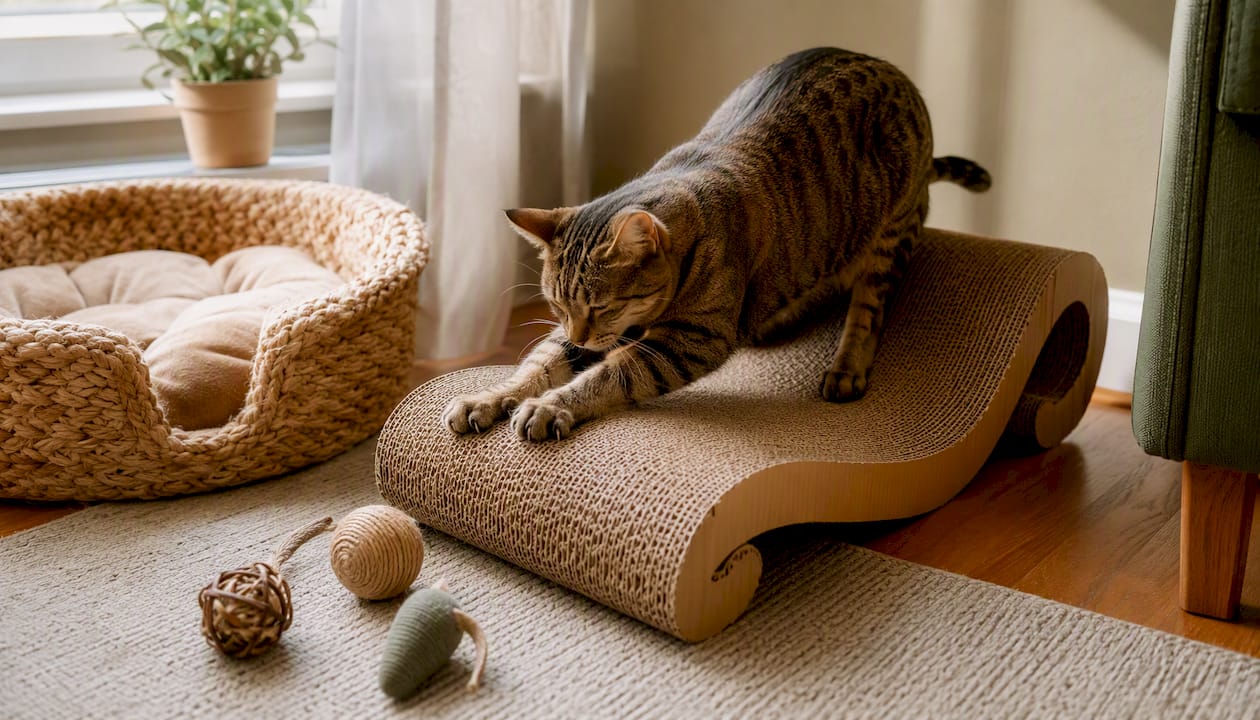 Cat scratching cardboard lounger pad