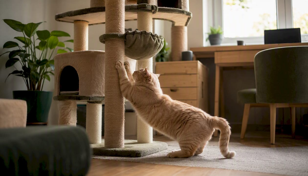 Cat climbing scratching post on cat tree