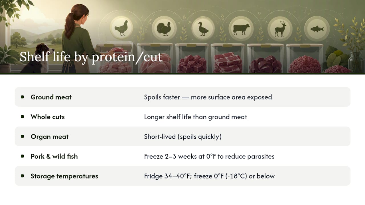 Diagram comparing spoilage durations of different raw dog food proteins