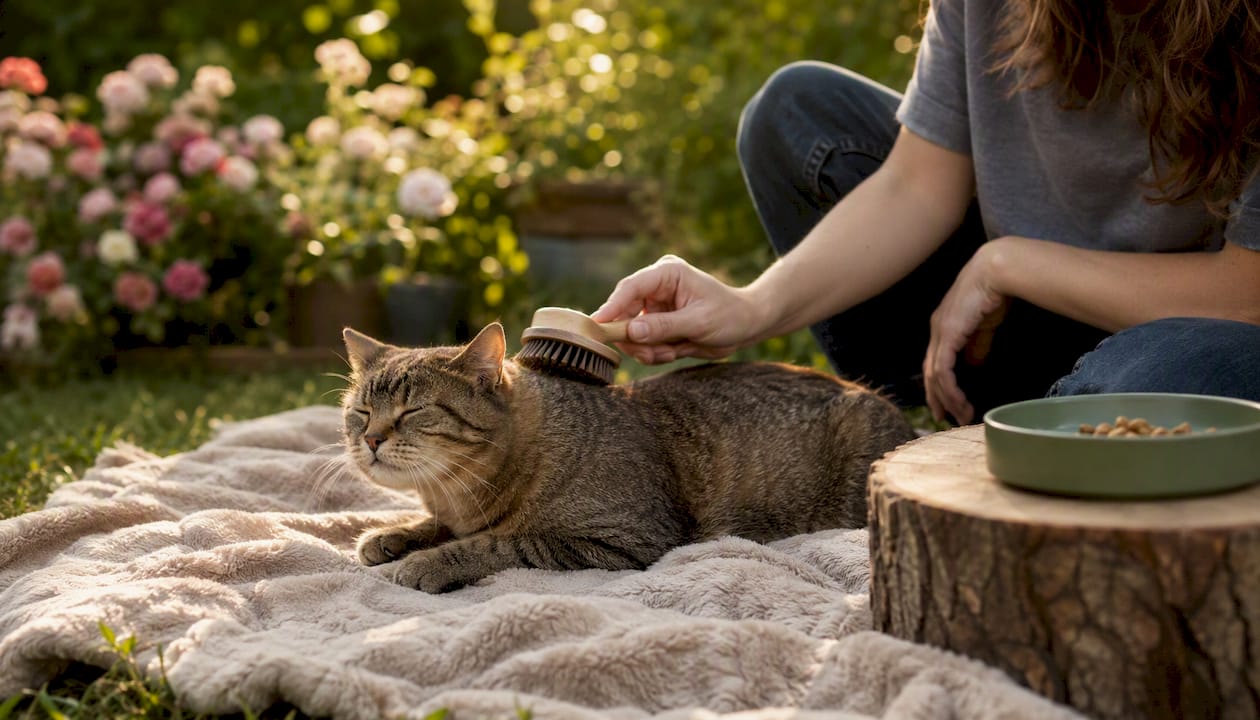 Gentle brushing of a calm cat during grooming
