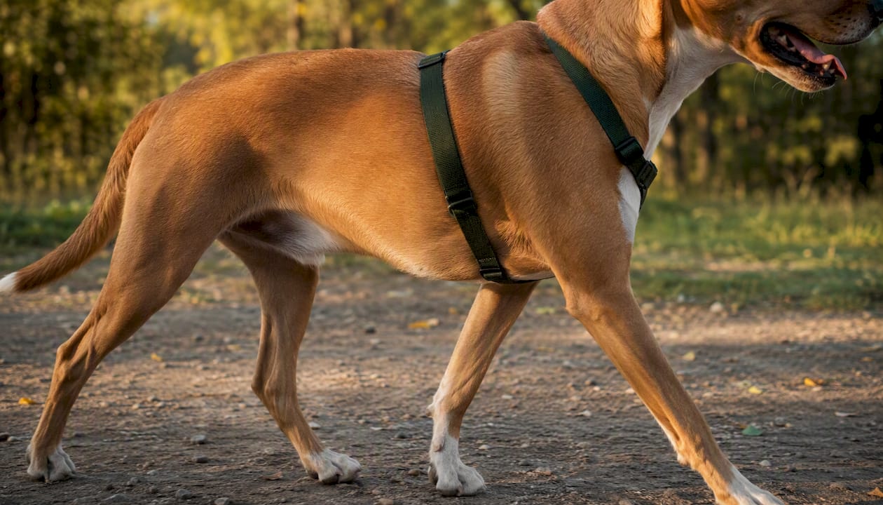 Dog walking showing proper Y-shaped harness fit