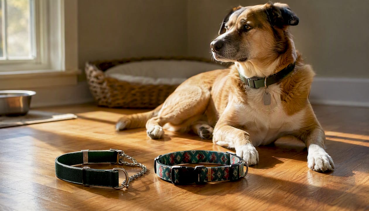 Flat and martingale dog collars displayed near resting dog