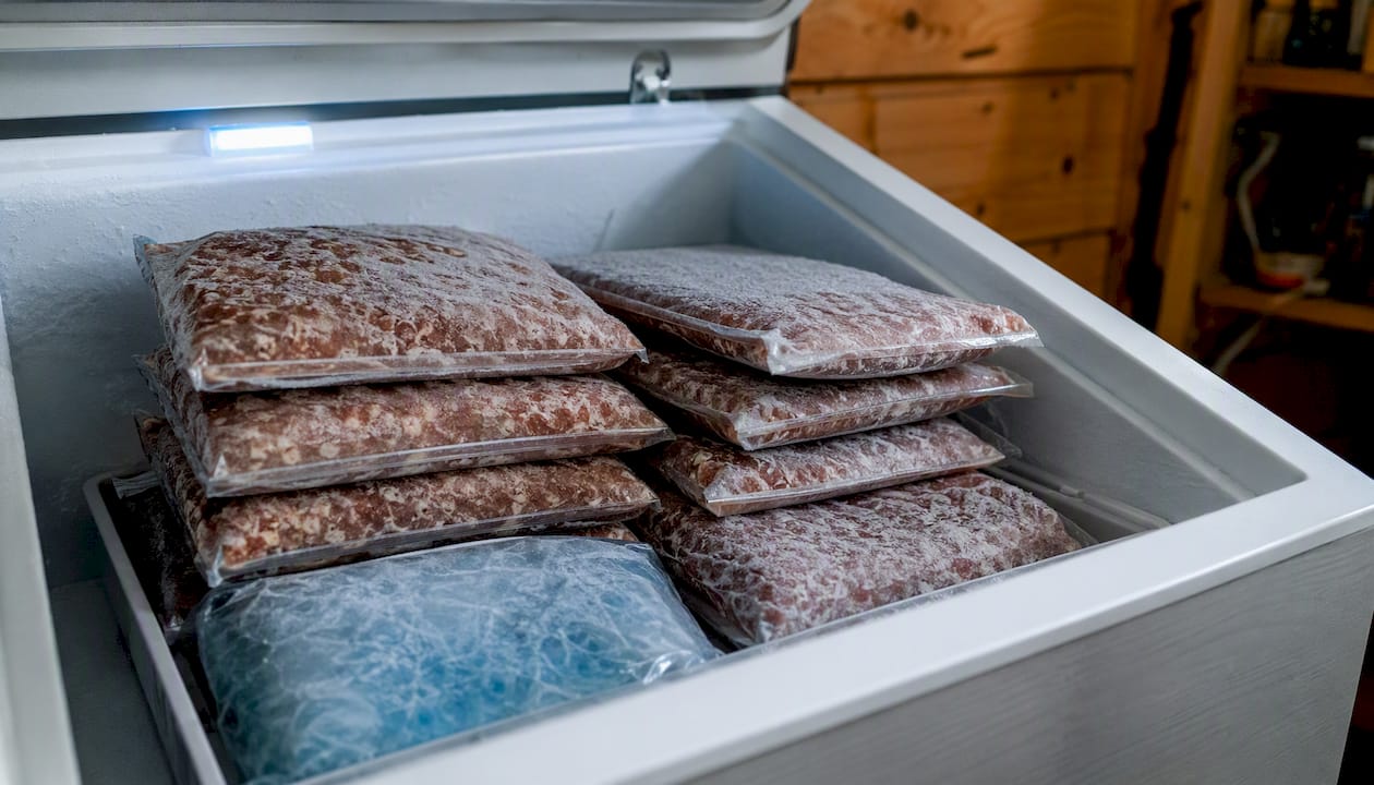 Frozen raw dog food packages in freezer