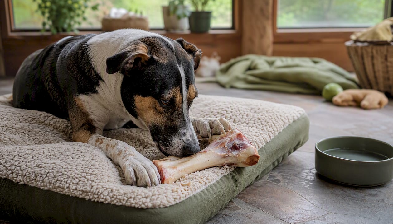 Dog chewing a raw bone on floor