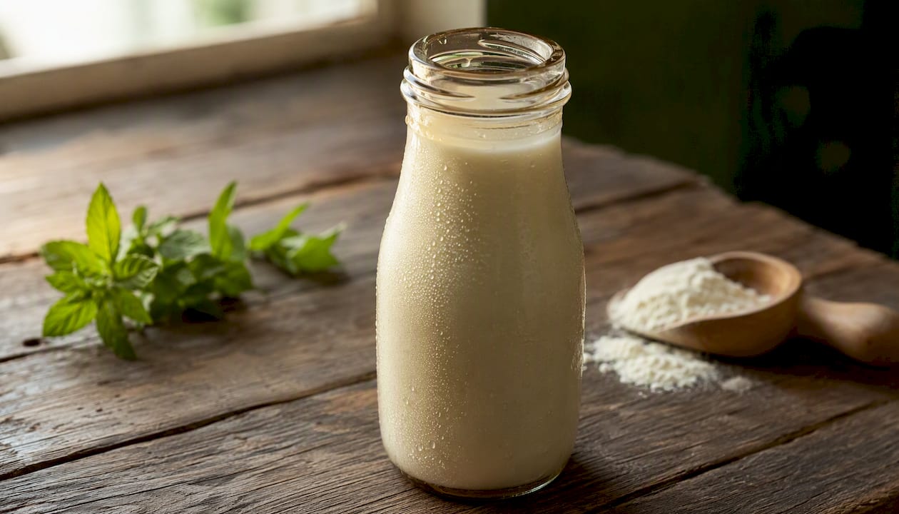 Close-up of pasteurized goat milk bottle on countertop