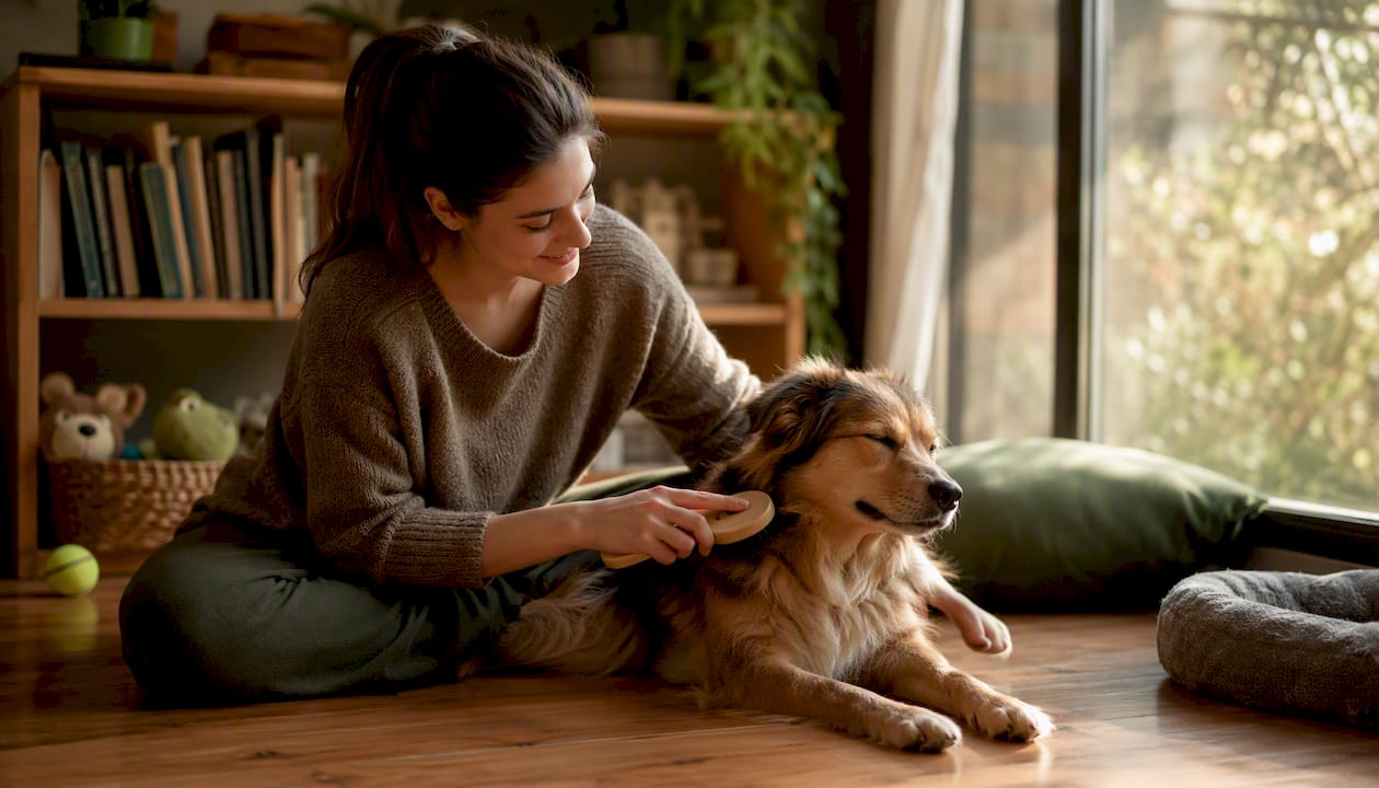 Owner brushing dog’s coat at home