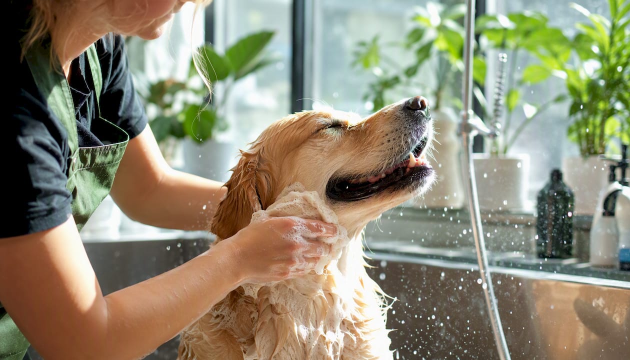 Dog being bathed at grooming salon