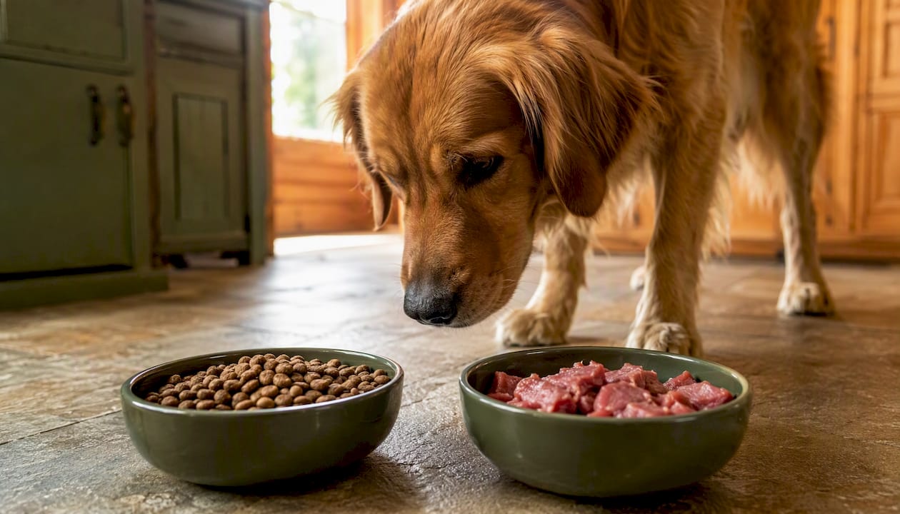 Dog hesitation near kibble and raw food bowls
