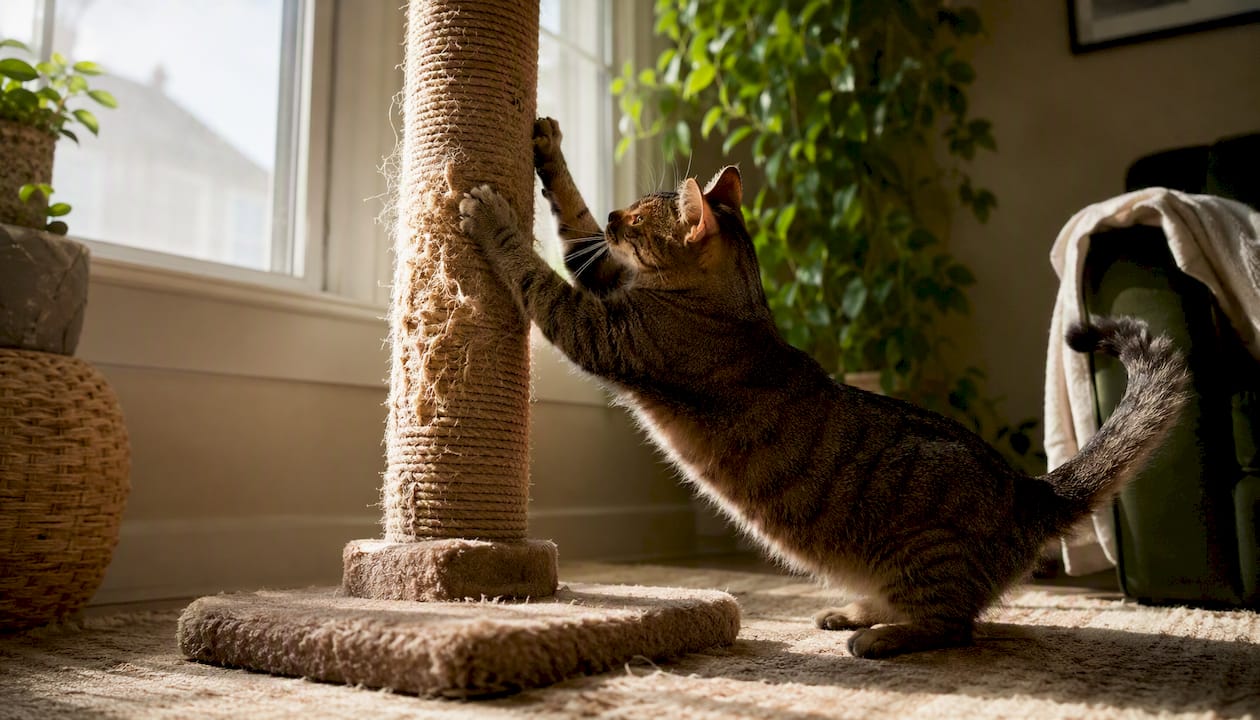 Cat scratching a well-used indoor post