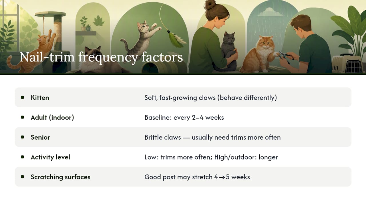 Diagram comparing cat nail trim frequency by age, activity, and scratching surfaces