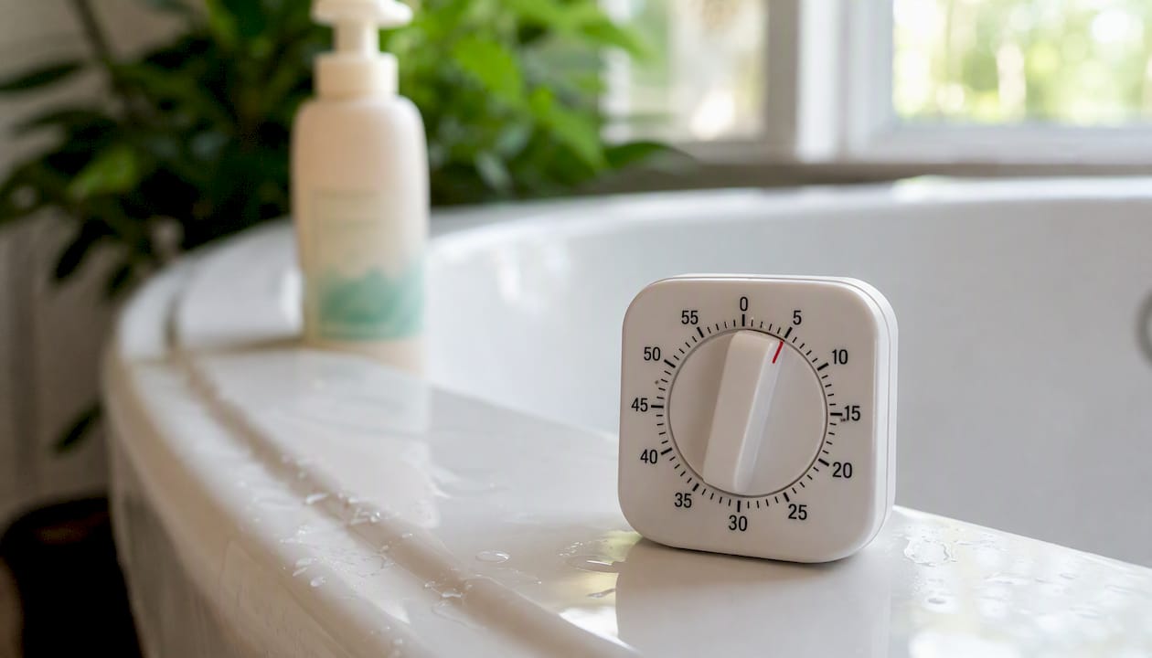 Bathroom timer next to dog shampoo bottle
