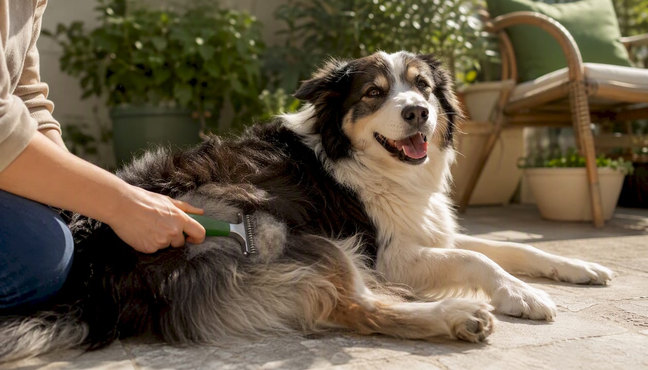 De-shedding rake removing dog undercoat