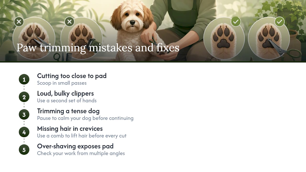 Diagram of common paw hair trimming mistakes