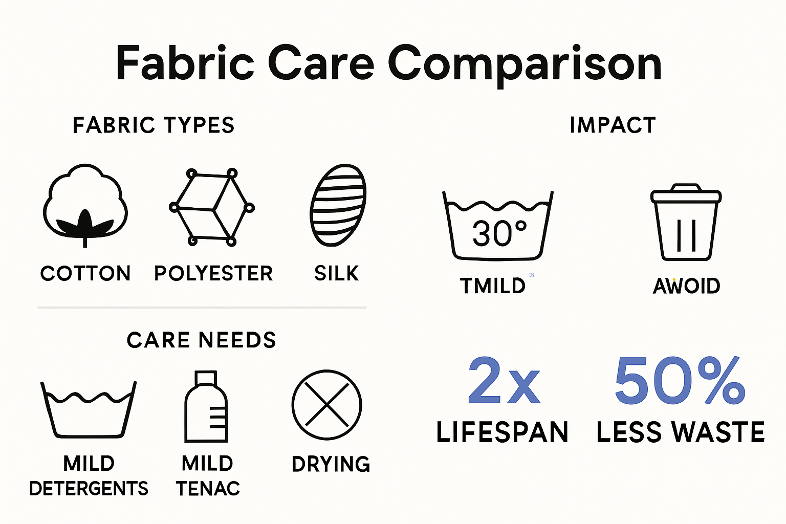 Infographic showing fabric types, care methods, and results