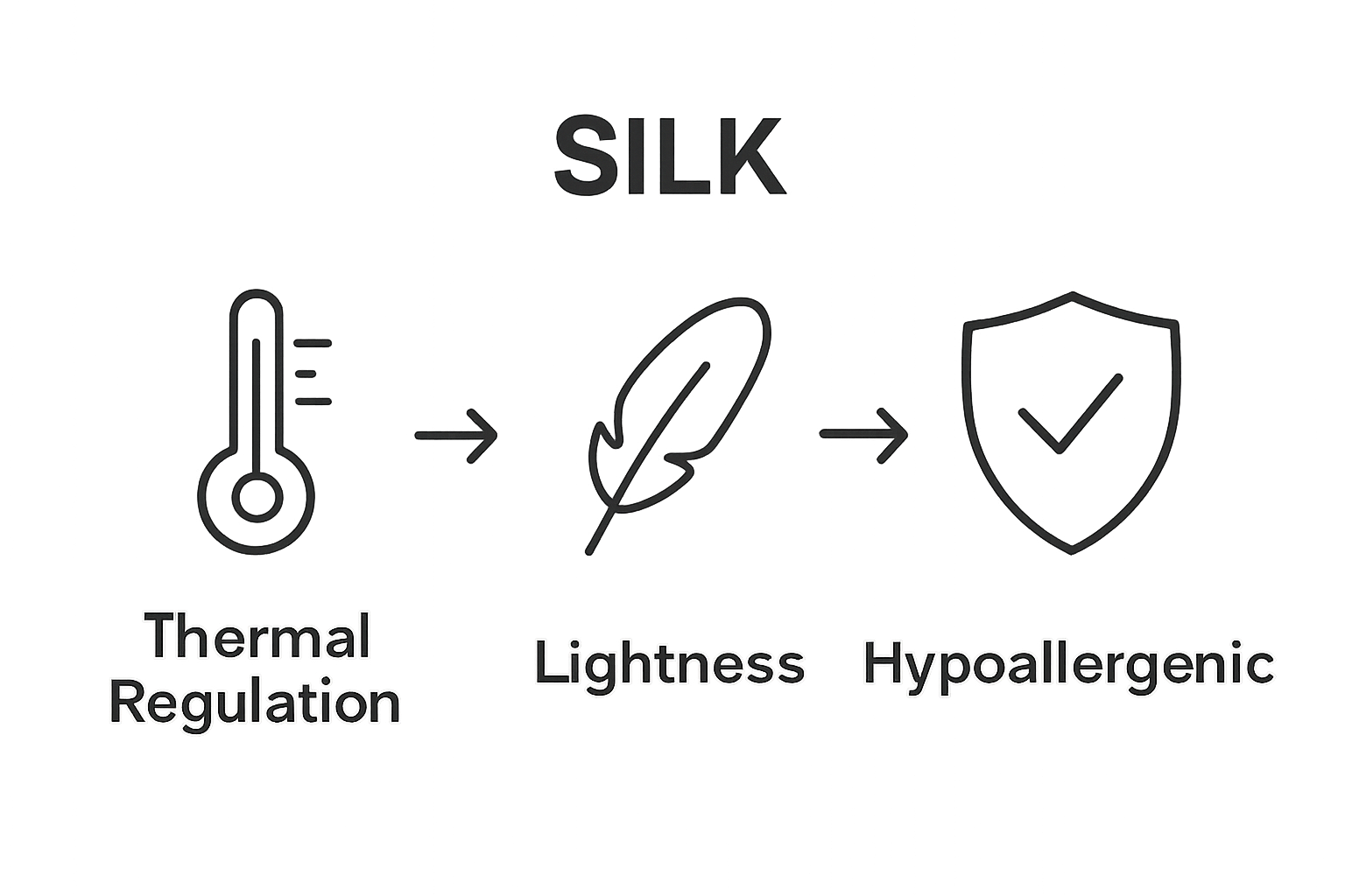 Simple icons illustrate silk's thermal, lightweight, and hypoallergenic benefits