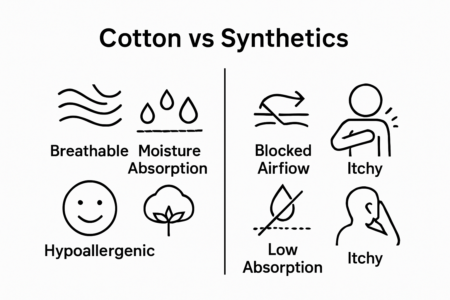 Cotton versus synthetic fabric icons comparison showing breathability, absorption, and skin-friendliness