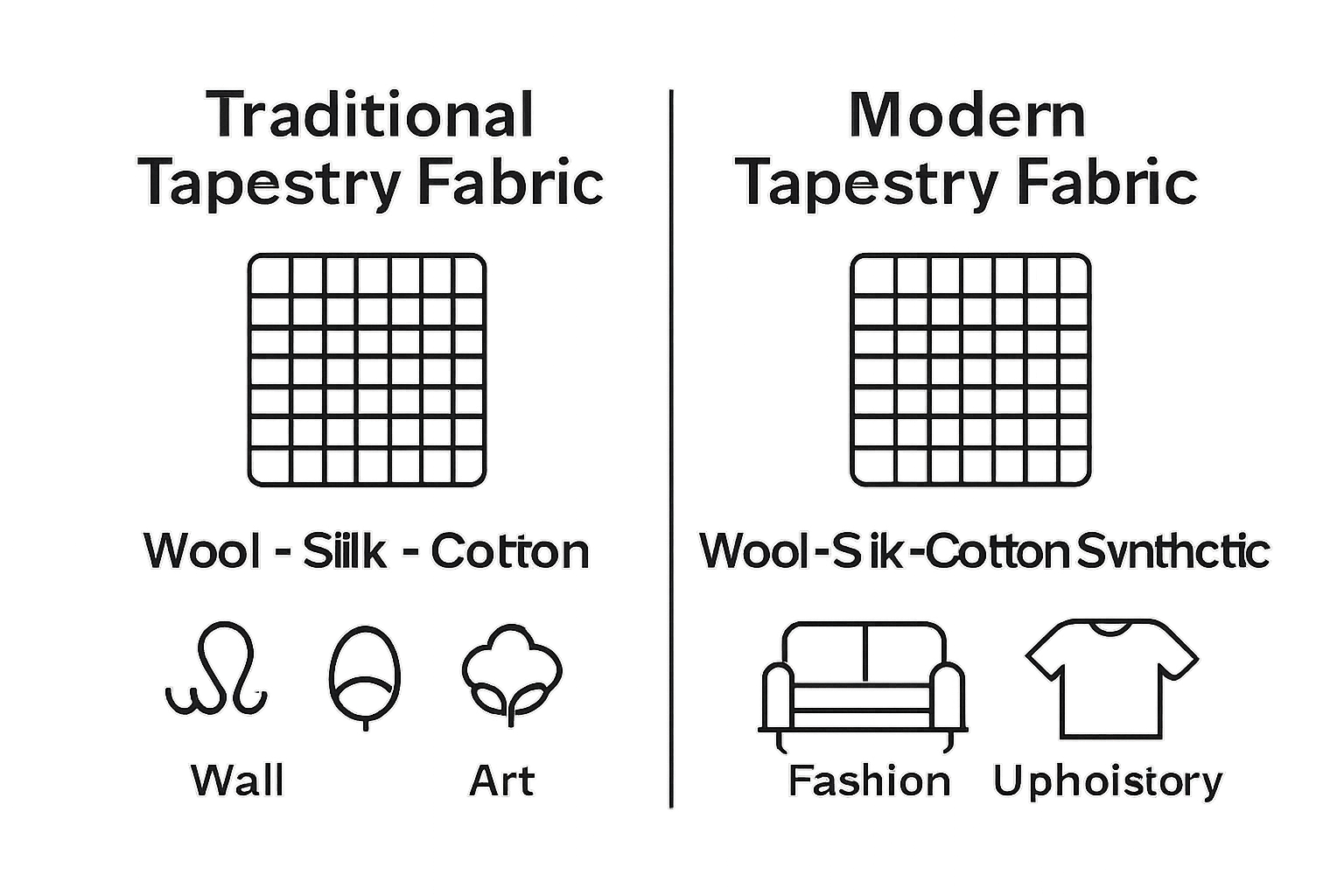 Simple graphic comparing traditional and modern tapestry fabric