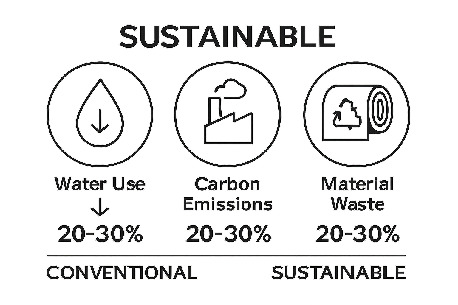 Infographic comparing reduction in water use, emissions, and waste for sustainable vs conventional textiles