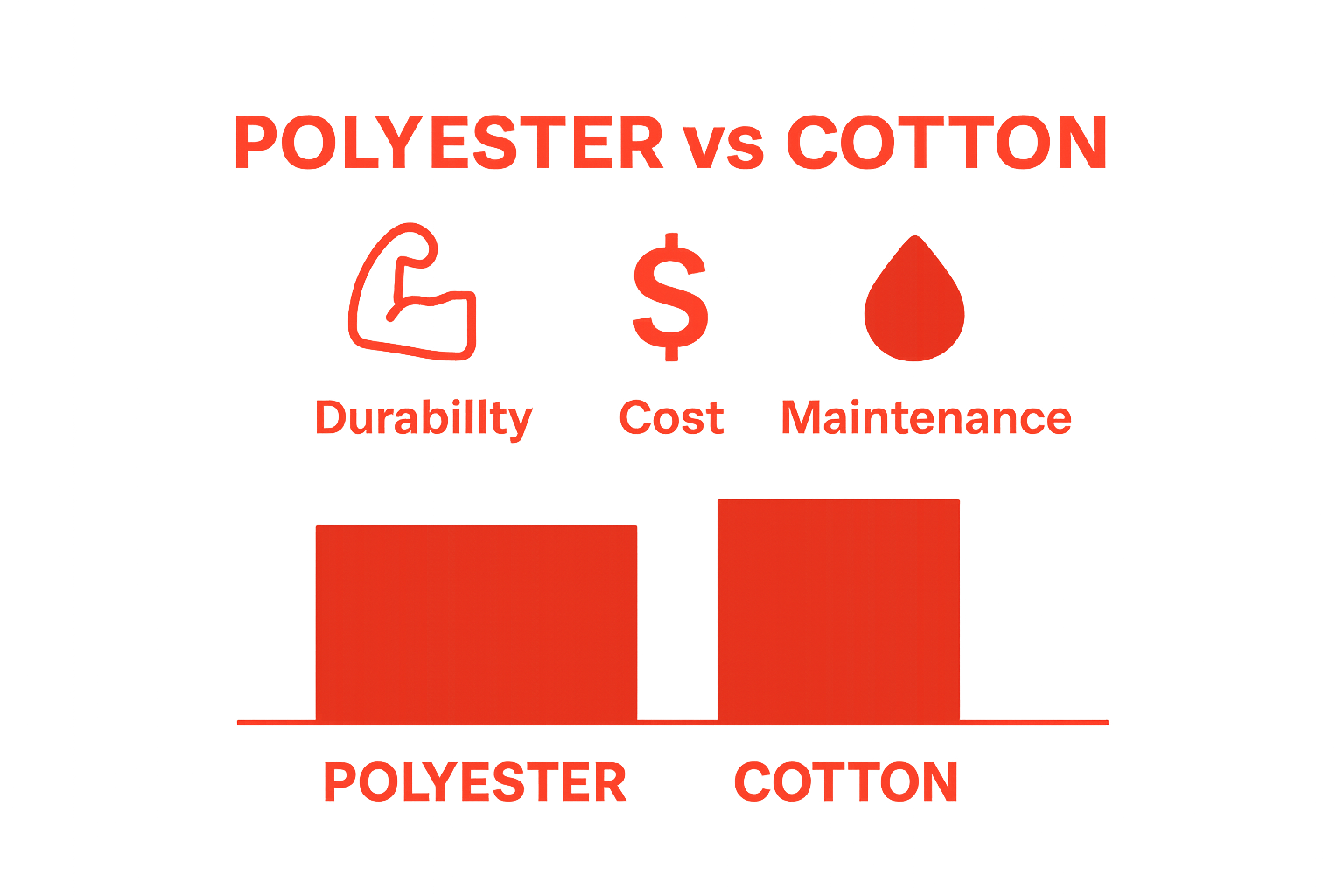 Infographic comparing polyester and cotton: durability, cost, maintenance
