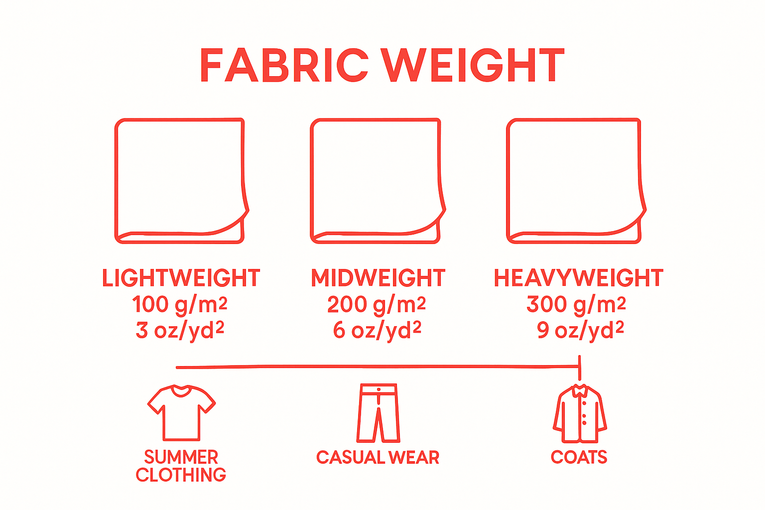 Infographic comparing lightweight, midweight, and heavyweight fabrics