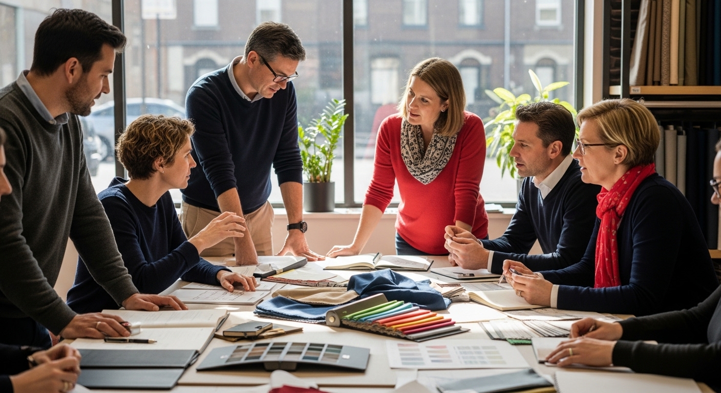 fabric selection, textile workshop, teamwork