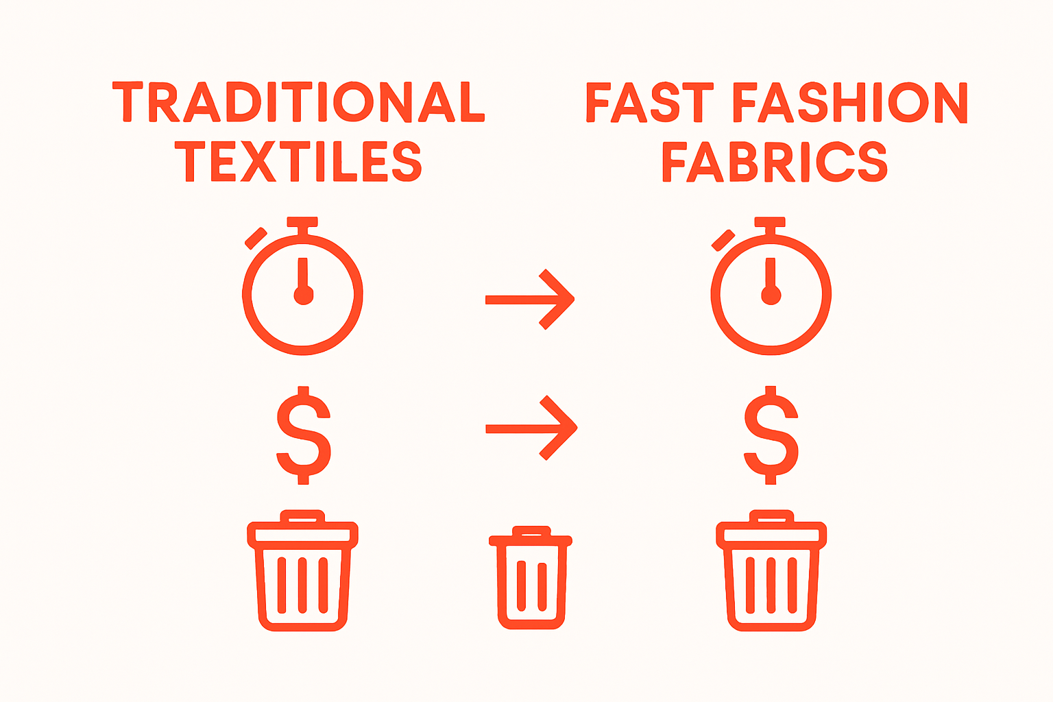 Infographic comparing speed, cost, and waste of traditional fabrics vs fast fashion fabrics