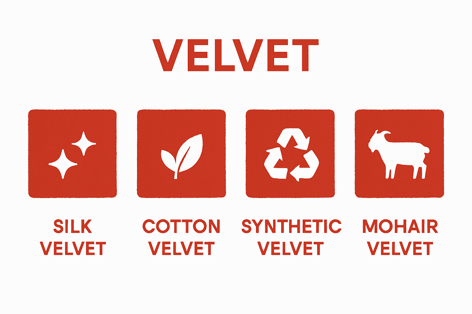 Visual comparison of classic velvet types: silk, cotton, synthetic, mohair