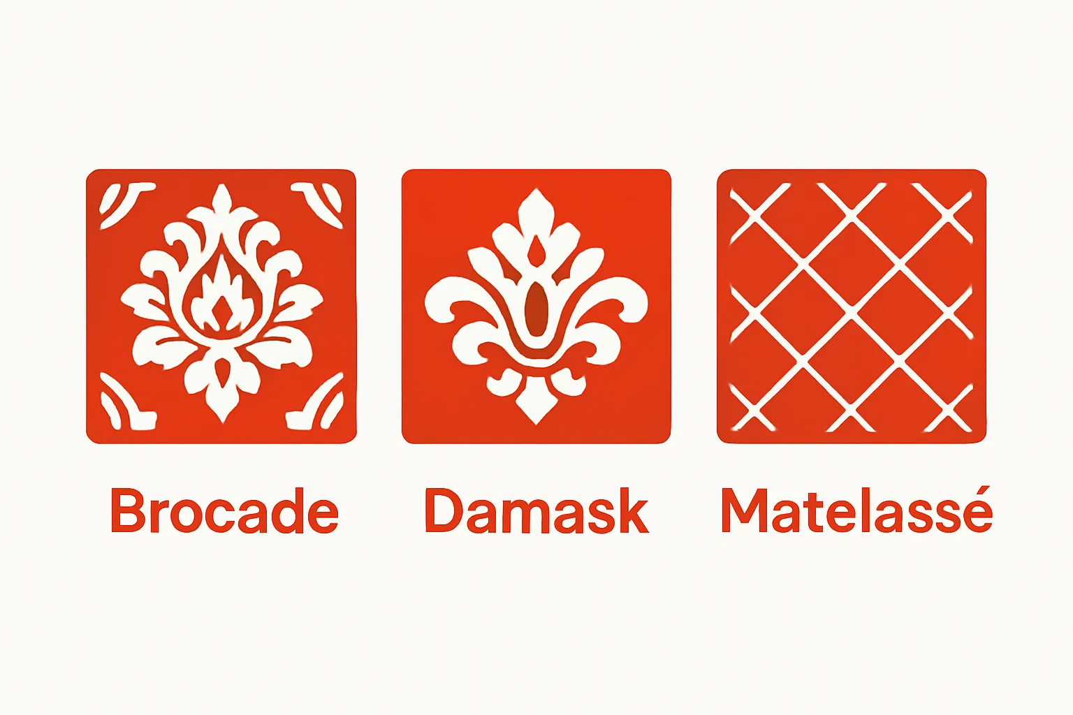 Infographic comparing three main Jacquard pattern types showing Brocade, Damask, and Matelassé visually.