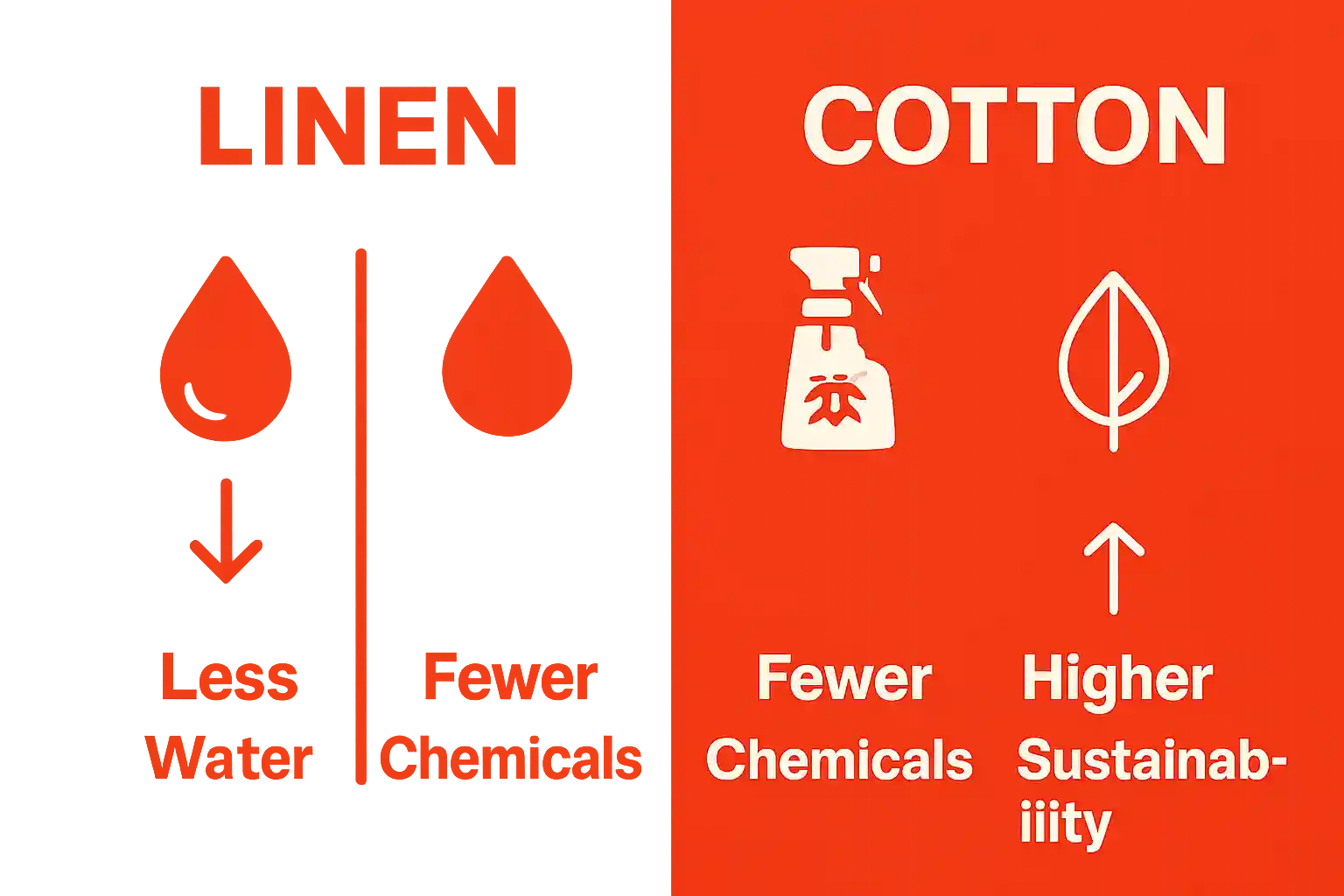 Infographic comparing water use, chemical input, and sustainability of linen vs cotton.