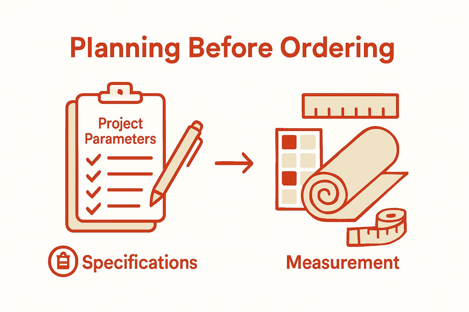 Step-by-step visual showing how to identify fabric needs and check specifications