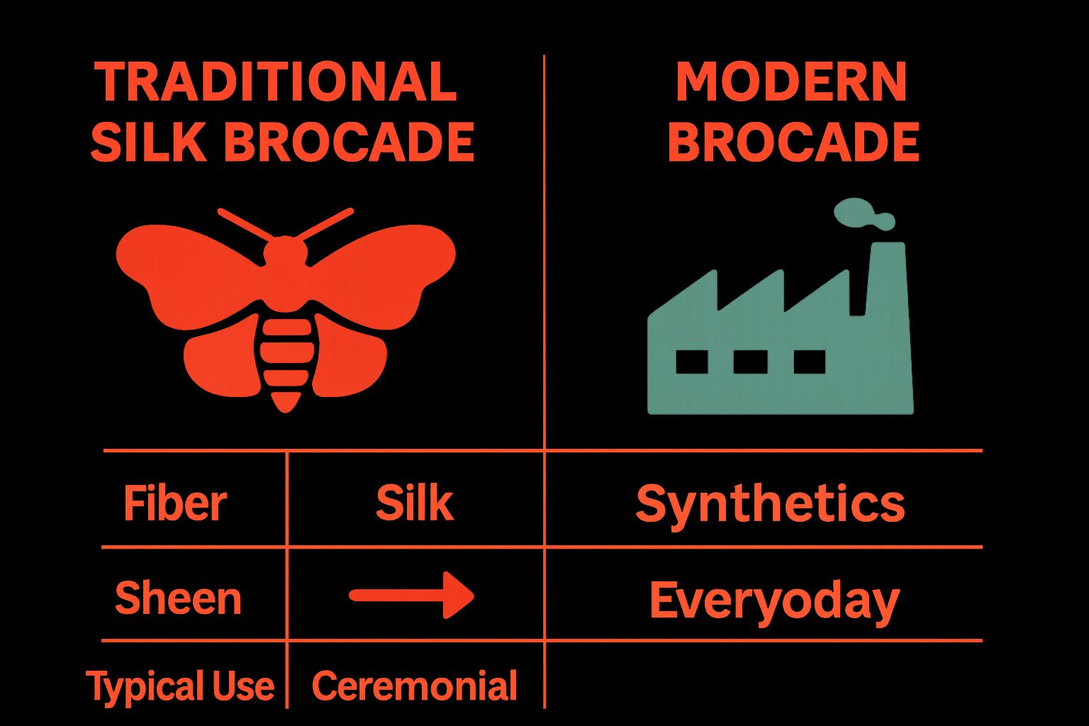 Infographic comparing traditional silk brocade and modern synthetic brocade