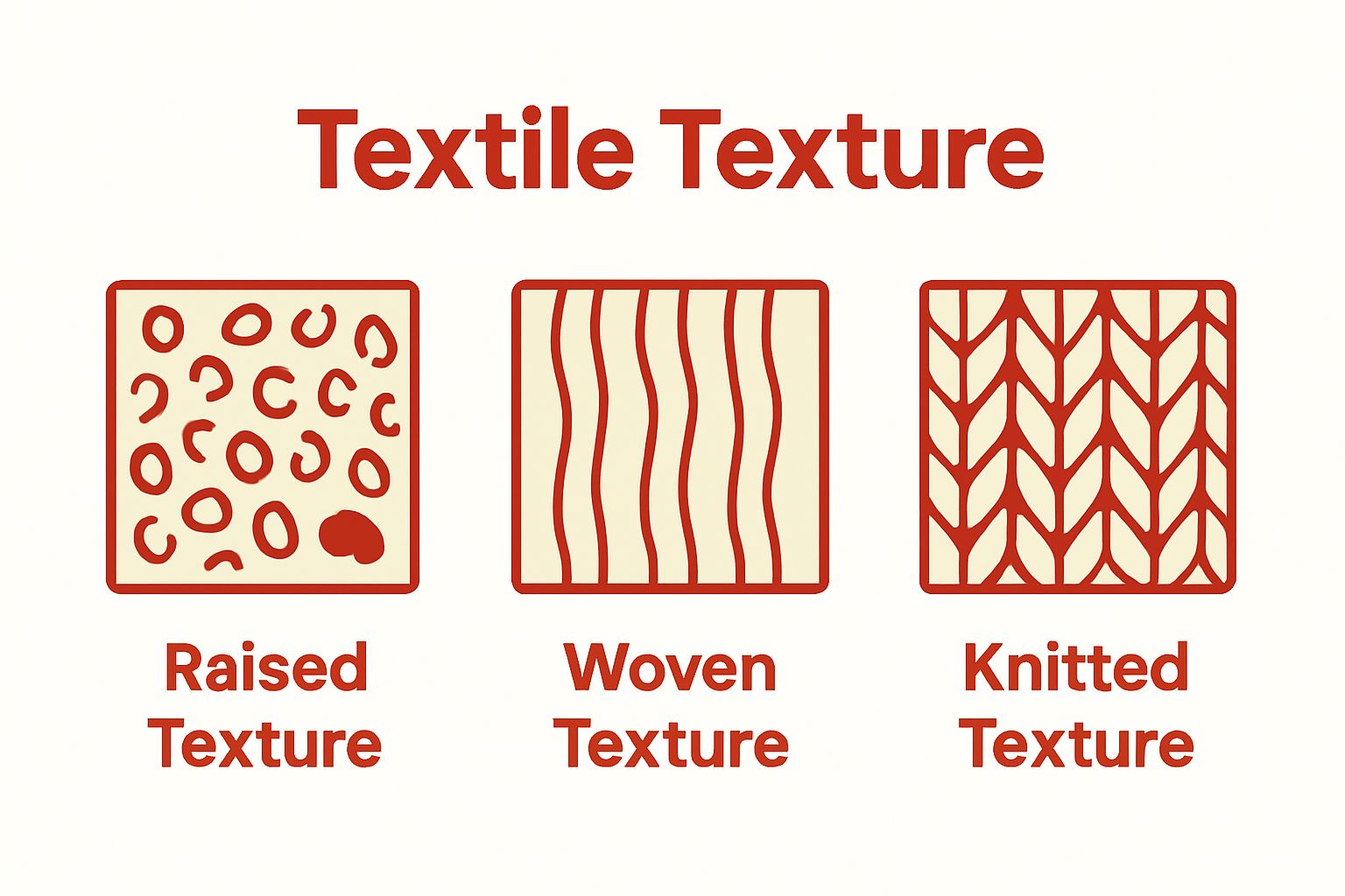 Infographic comparison of textile texture types: raised, woven, knitted.