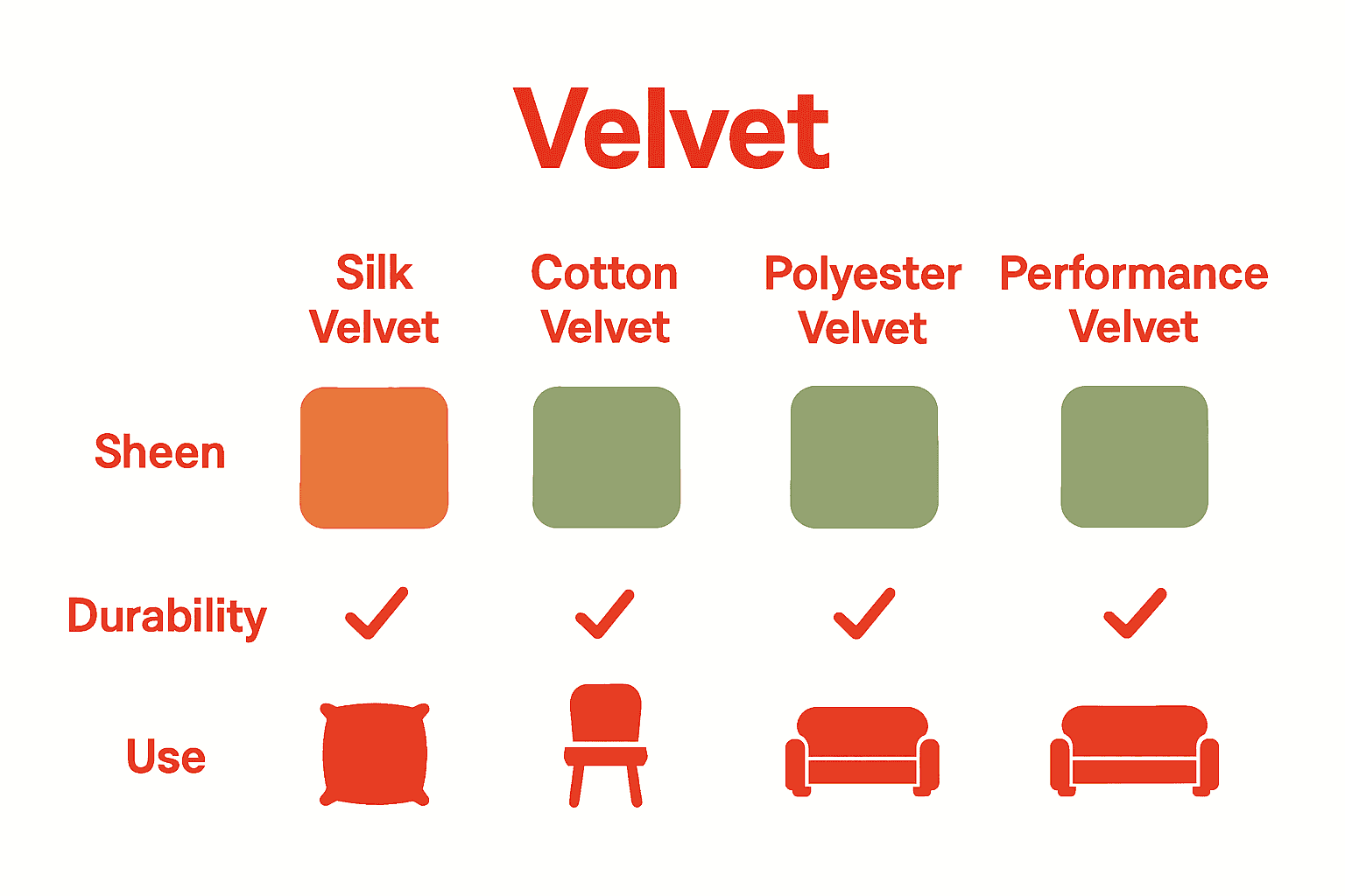 Infographic comparing main velvet types for interiors.