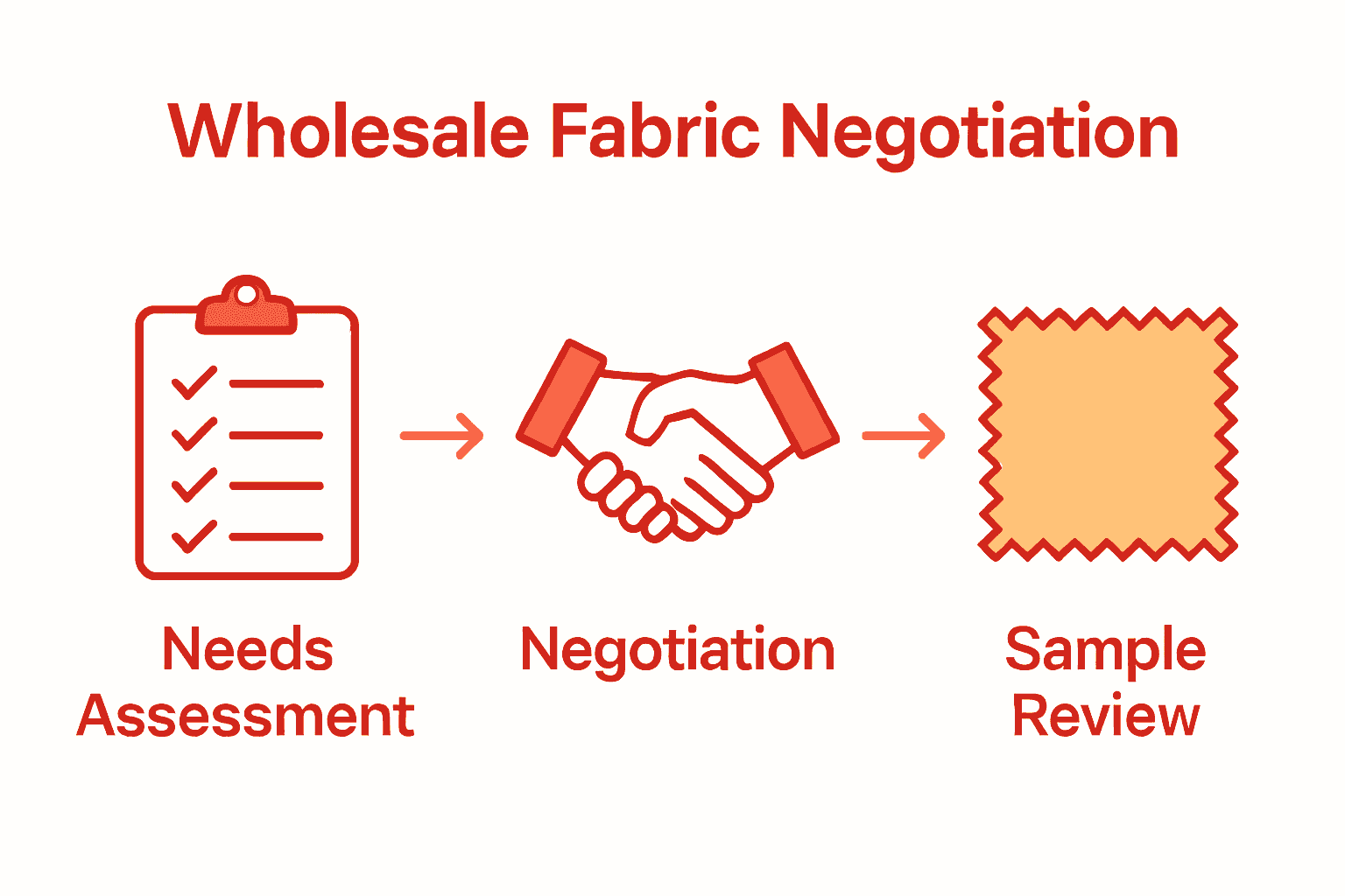Infographic showing steps: assess needs, negotiate, confirm samples.