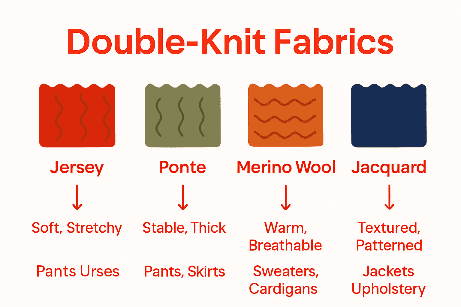 Infographic comparing types of double-knit fabrics: Jersey, Ponte, Merino Wool, and Jacquard.