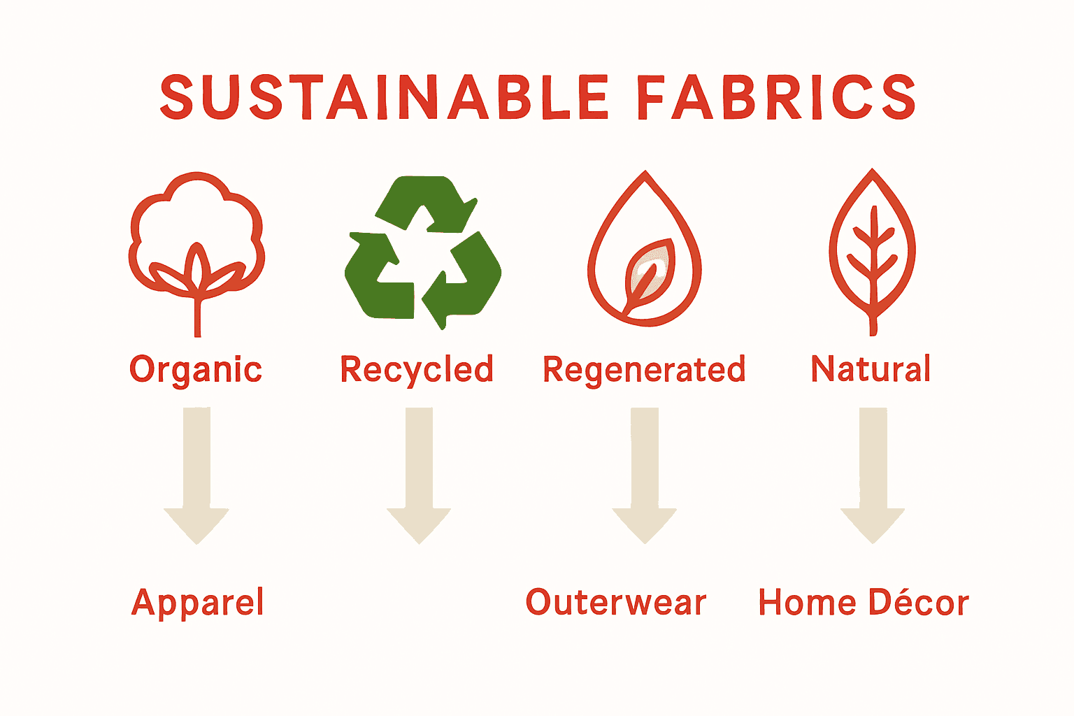 Infographic comparing four sustainable fabric categories with icons and uses.