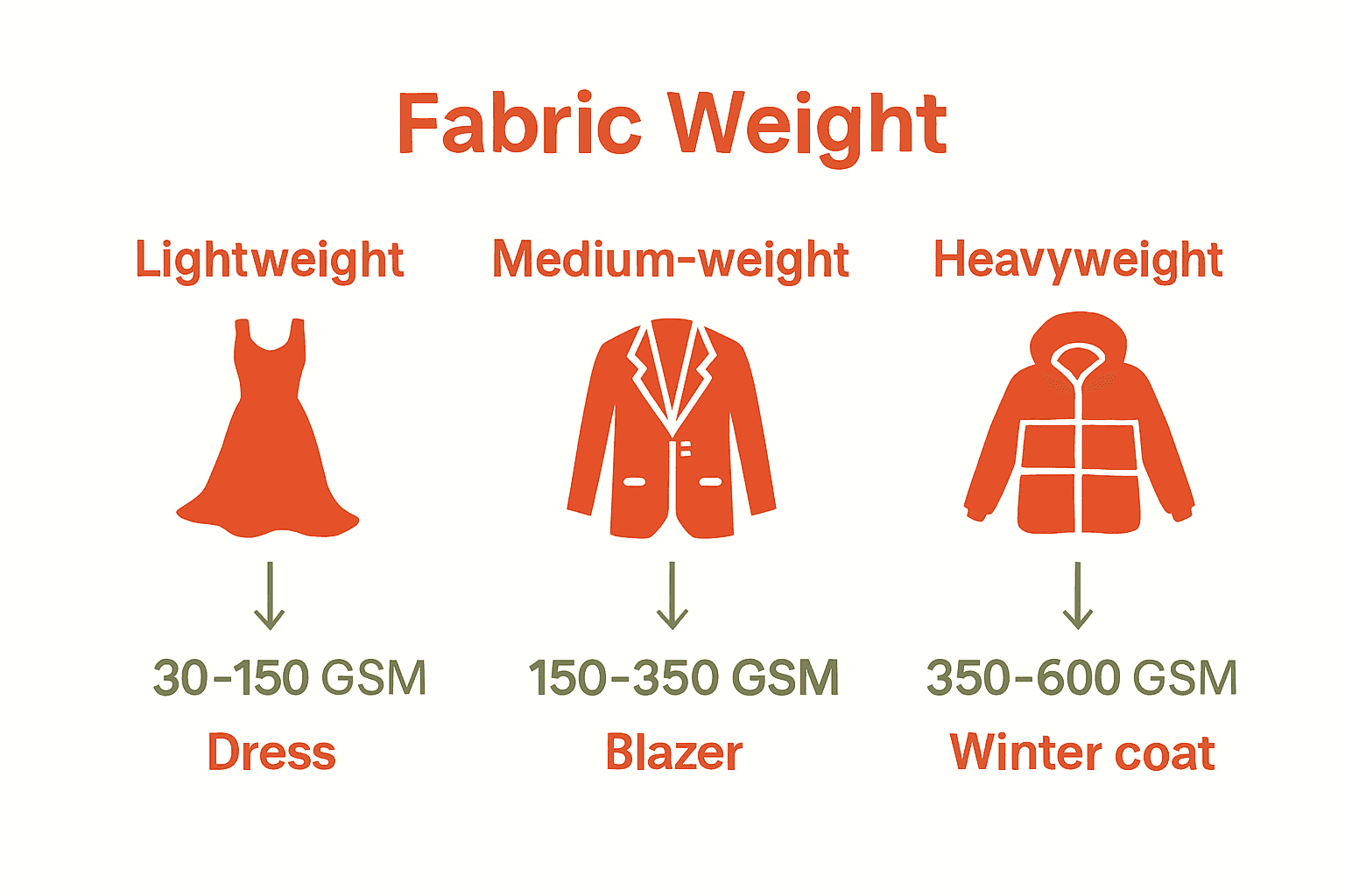 Infographic comparing lightweight, medium-weight, and heavyweight fabric uses and GSM ranges.