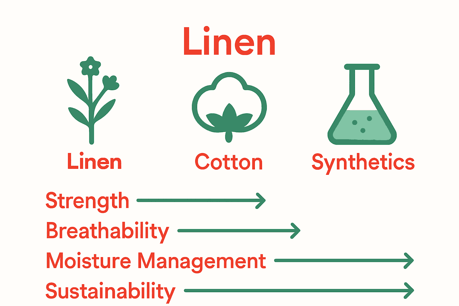Infographic comparing linen, cotton, and synthetic fabrics on strength, breathability, and sustainability.