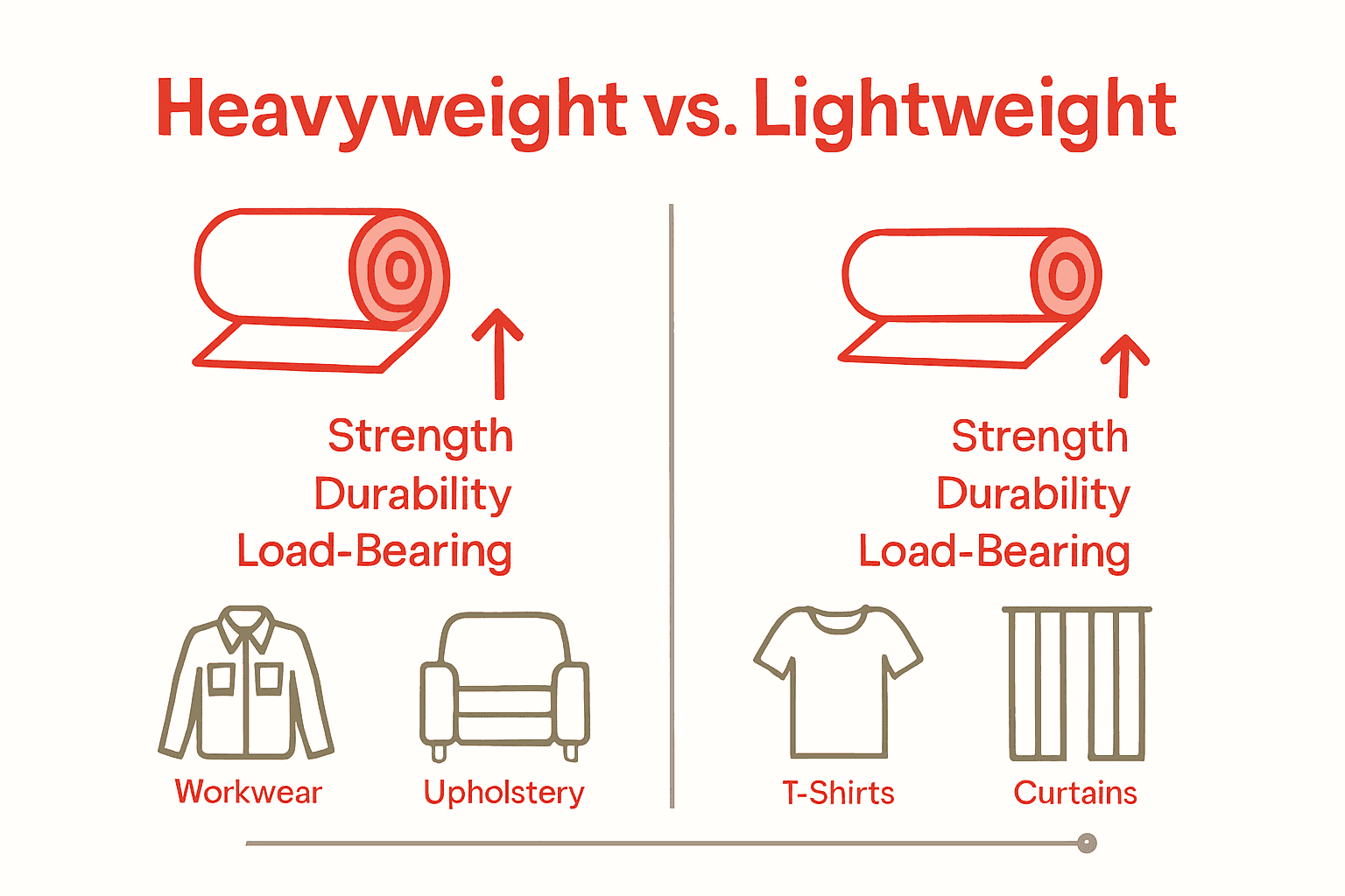 Infographic comparing heavyweight and lightweight fabric characteristics with icons and timelines.
