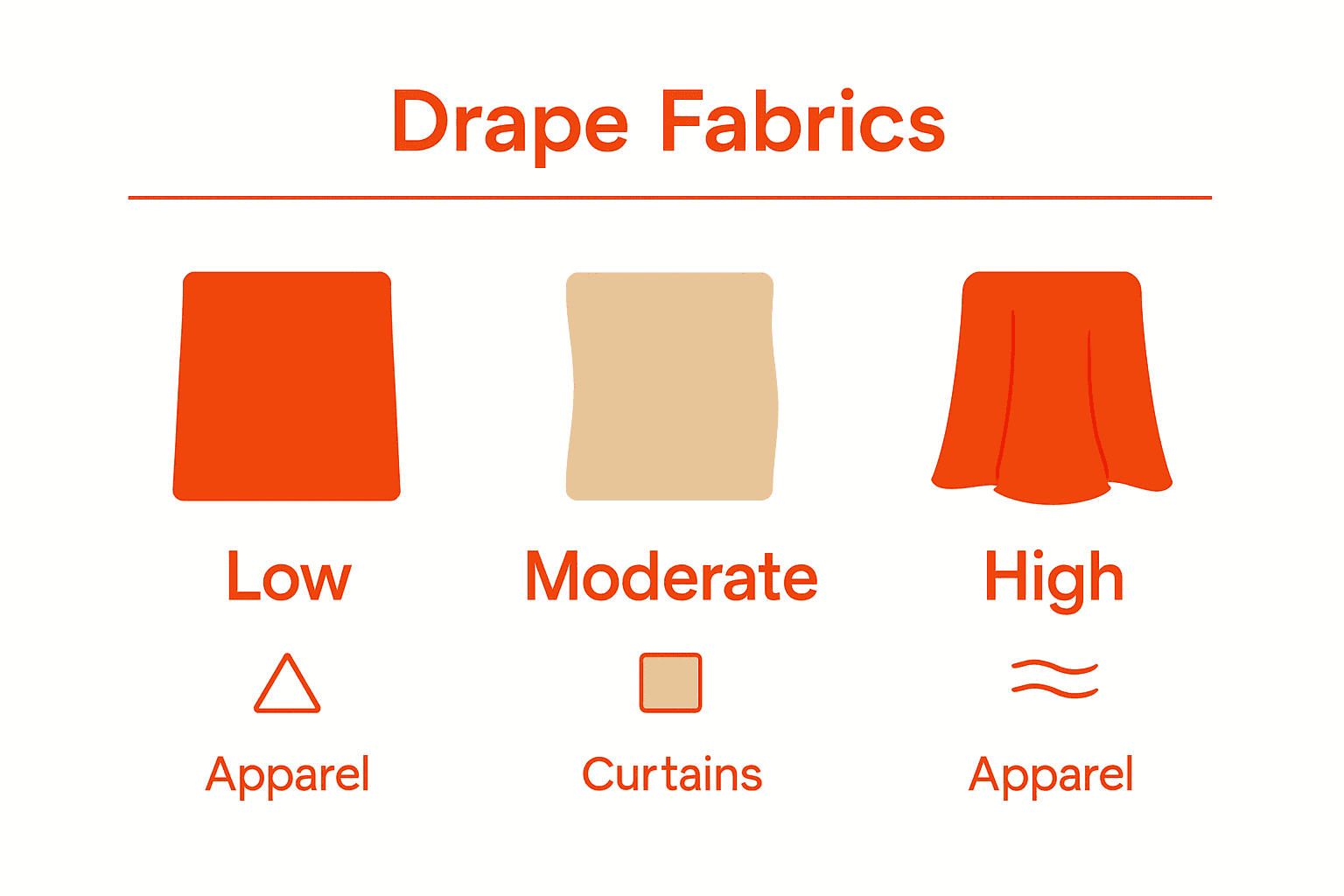 Infographic comparing three types of fabric drape with icons and key uses