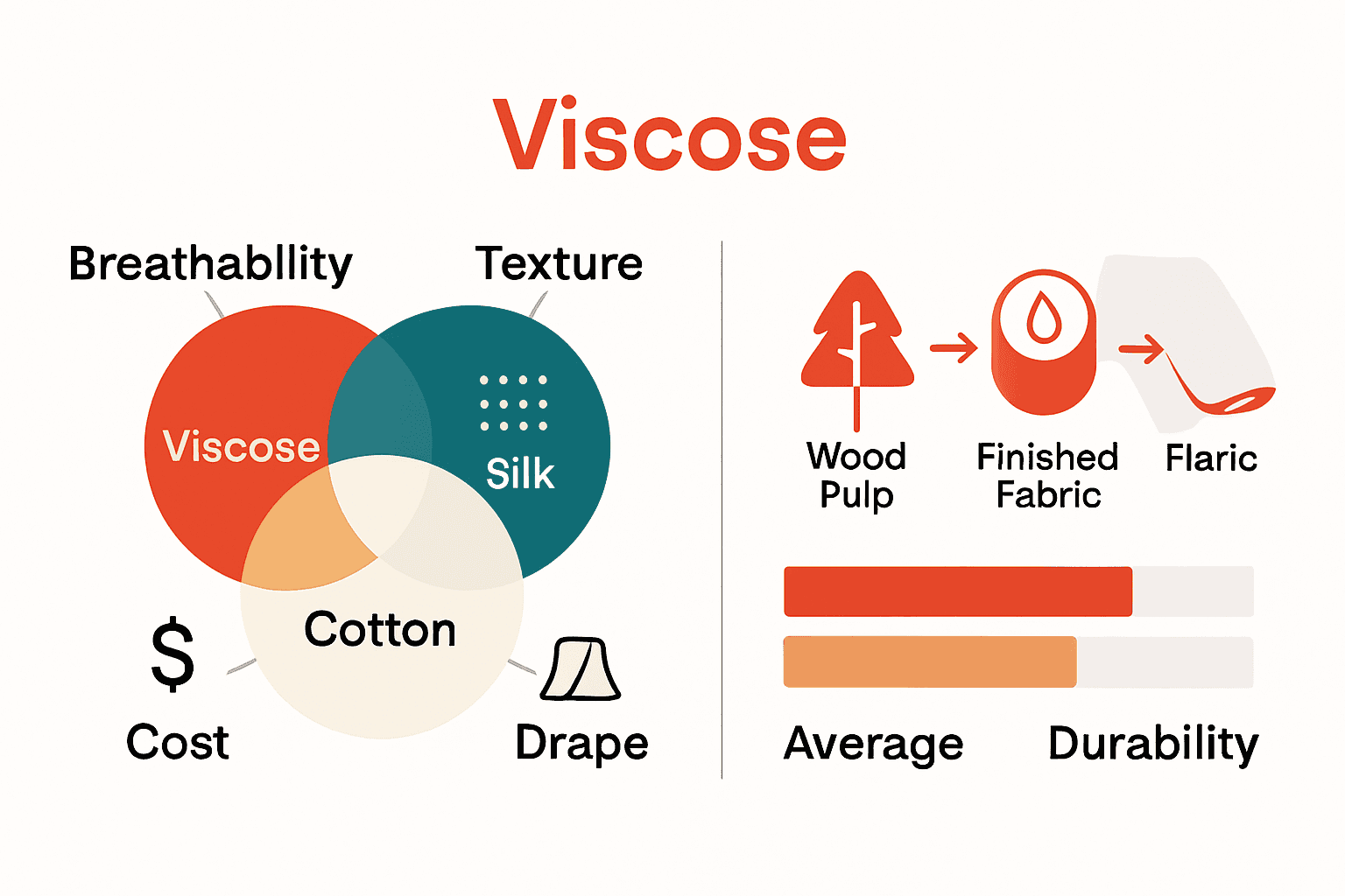 Comparison infographic showing viscose, cotton, and silk properties in fabric selection.