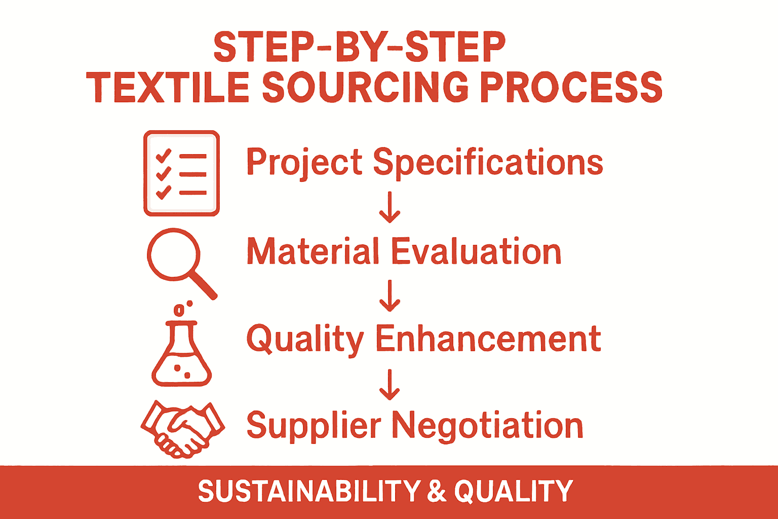 Four-step textile sourcing process with icons and arrows