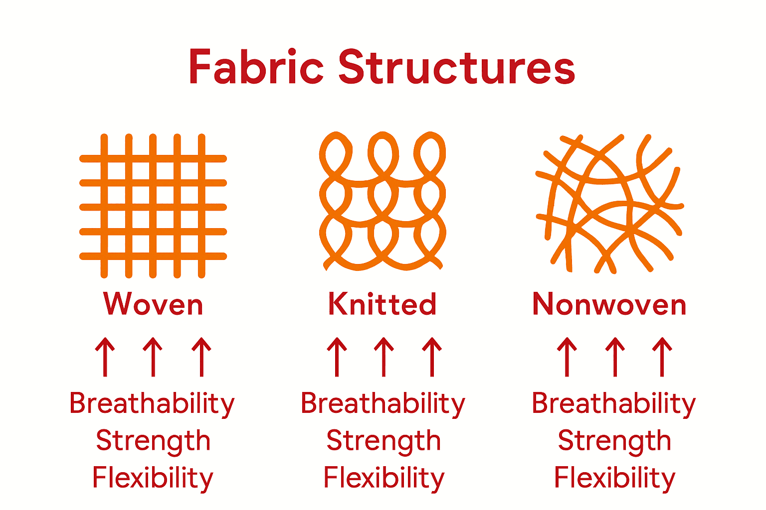 Infographic comparing woven, knitted, and nonwoven fabric structures with icons and key properties.