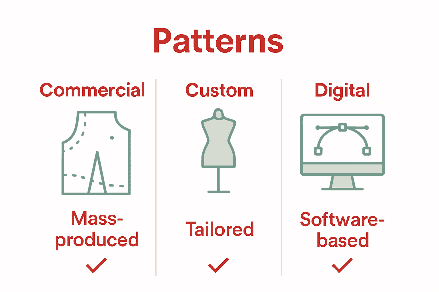 Comparison infographic chart for commercial, custom, and digital garment patterns