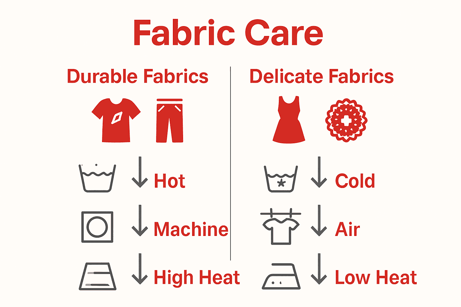 Infographic comparing care techniques for durable vs. delicate fabrics