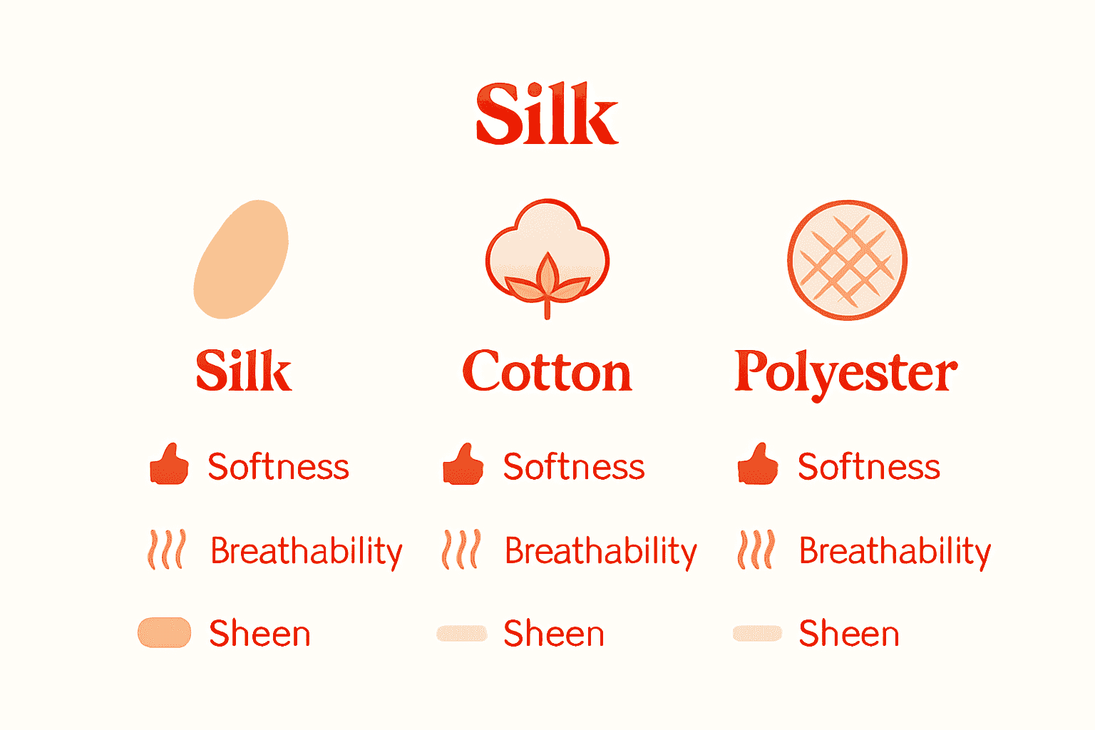Infographic comparing silk, cotton, and polyester by softness, breathability, and sheen