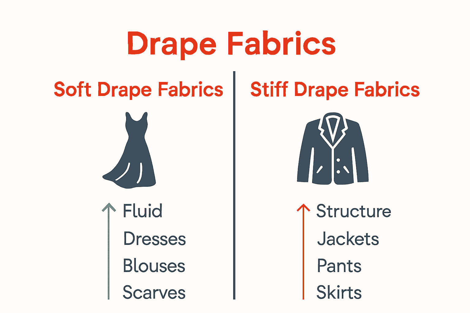 Infographic comparing soft drape and stiff drape fabrics with icons and examples.